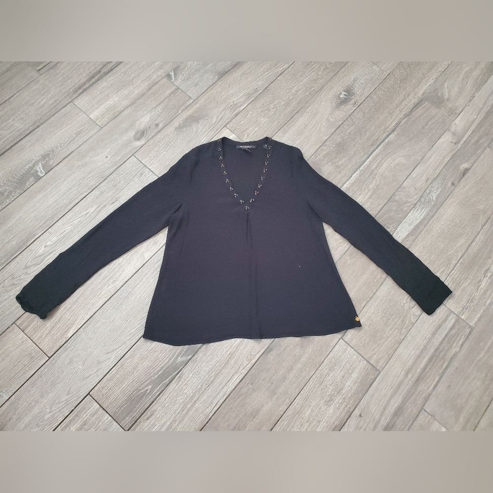 Scotch and Soda 100% viscose black studded V-neck long sleeve blouse size 3